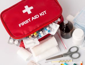 first aid kit displaying its contents