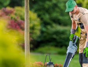 Gardener using a leaf blower to clear debris in a landscaped garden